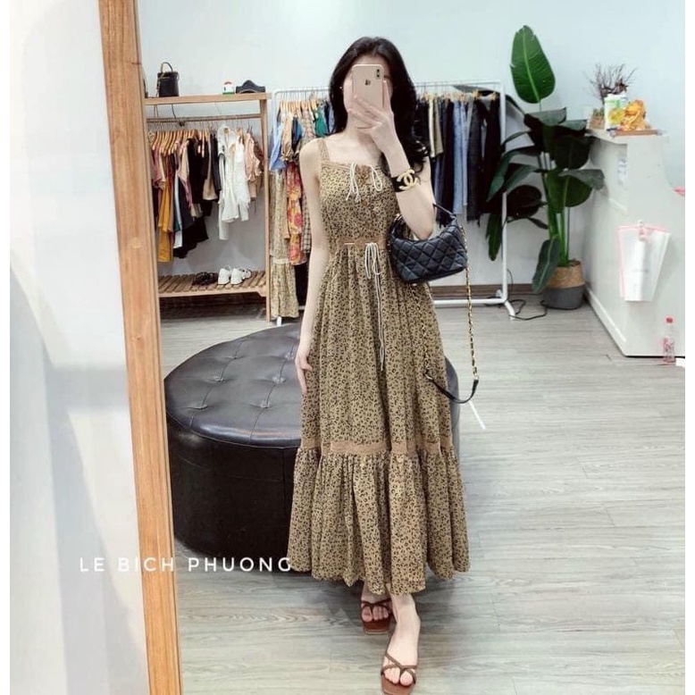 ĐẦM MAXI 2 DÂY HỌA TIẾT CÓ RÚT NGỰC VÀ EO