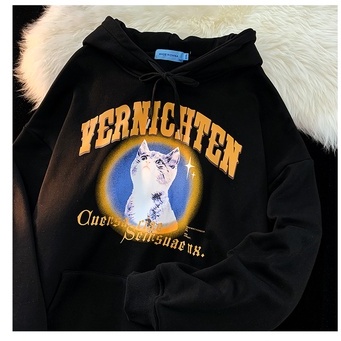 Áo hoodie ZHELIHANGFEI form rộng in hình mèo phong cách retro xinh xắn cho nữ