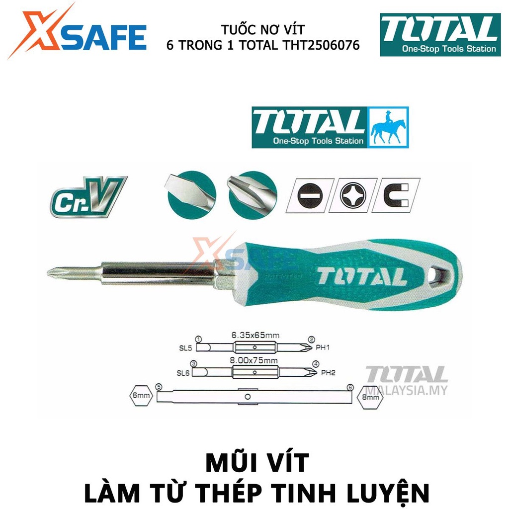 Bộ tuốc nơ vít 6 đầu TOTAL THT2506076 | Bộ tua vít kích thước 4 chi tiết 6.35*65mm, 8.00*75mm, PH1+SL5, PH2+SL6