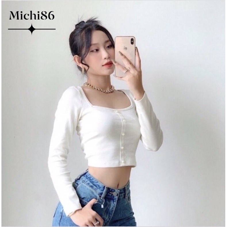 Áo croptop kiểu nữ cổ vuông tay dài gắn nút ngọc Michi , áo thun nữ tay dài | BigBuy360 - bigbuy360.vn