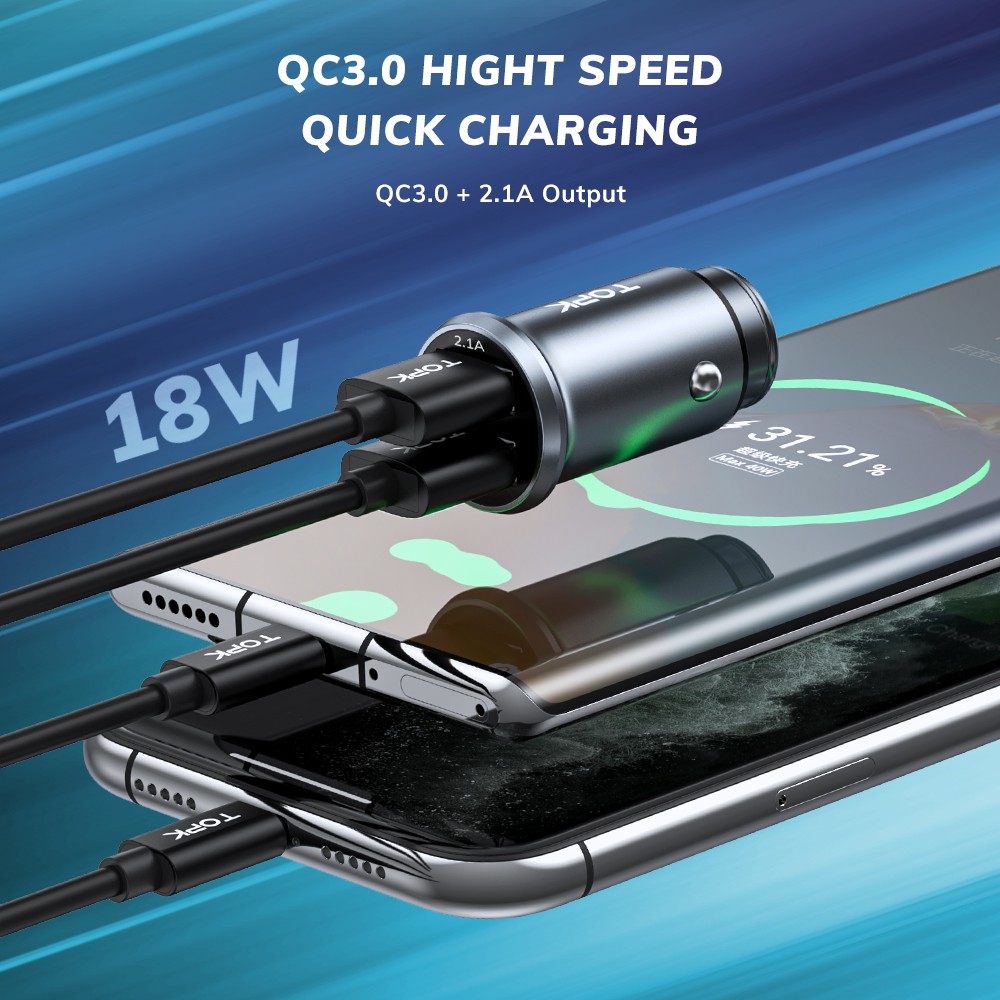 Tẩu Sạc Nhanh TOPK G210Q 2 Cổng USB 3.0 3.1A Mini Dùng Trên Xe Ô Tô Tương Tích Iphone Huawei Samsung Xiaomi