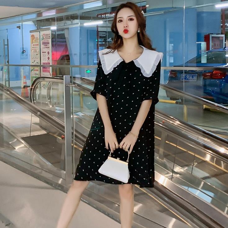 Váy bầu đen chấm bi cổ cánh sen - thiết kế độc quyền - chất vải đũi Thái Cao cấp mềm mại feezsai 40-75Kg -HD17