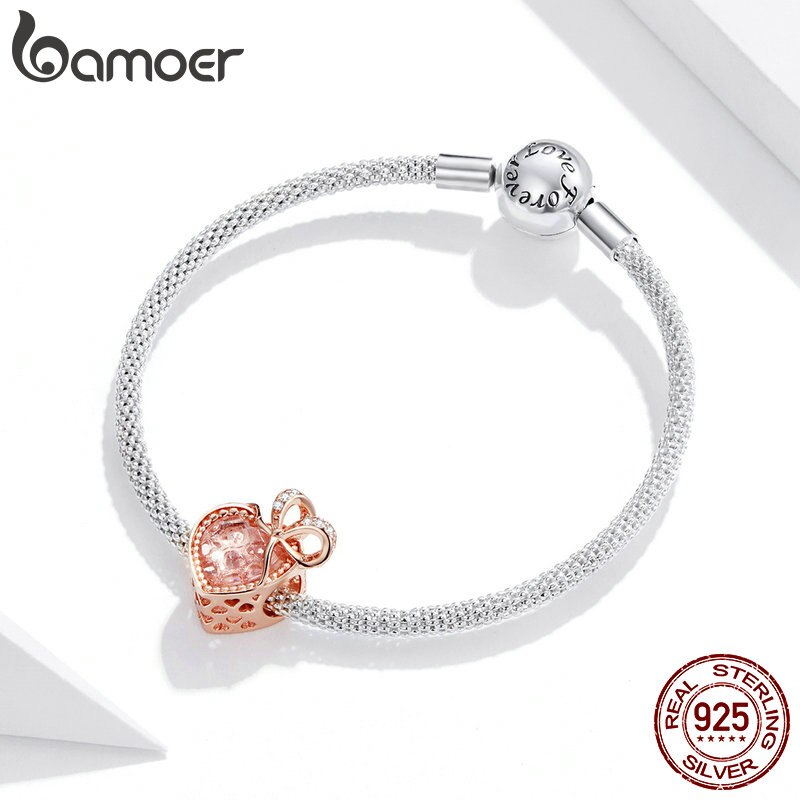 Hạt charm Bamoer BSC398 Bạc 925 hình trái tim đính đá làm phụ kiện trang sức cho nữ