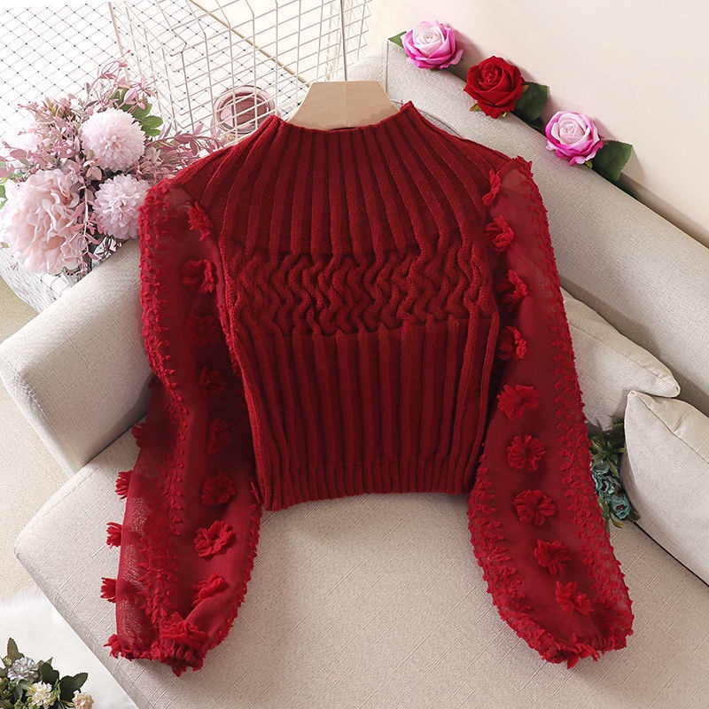 Áo Sweater Cổ Tròn Tay Phồng Ôm Dáng Thời Trang Thu Đông Mới