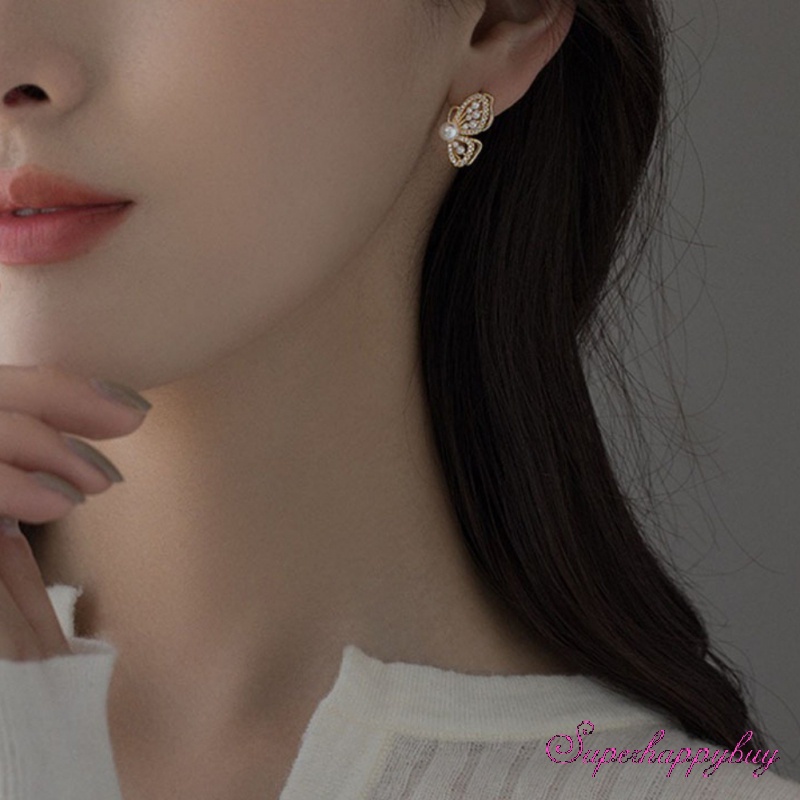 Bông Tai Mạ Bạc Hình Bướm Đính Ngọc Trai Đơn Giản Chất Lượng Cao