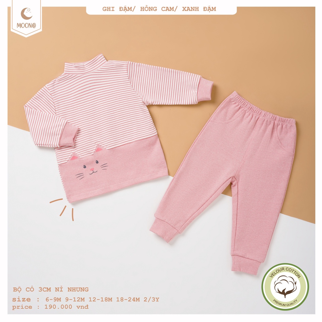 Moon 2023 Bộ quần áo dài tay thu đông cổ chui cao 3p giữ ấm vải cotton nỉ nhung cho bé trai gái 9 -36 tháng
