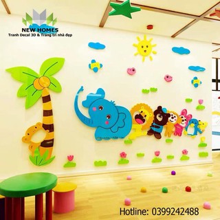 [Mã XUONGMICA giảm 50k đơn 150k]Tranh dán tường mica - thú kéo co, trang trí mầm non, phòng cho bé,bền đẹp