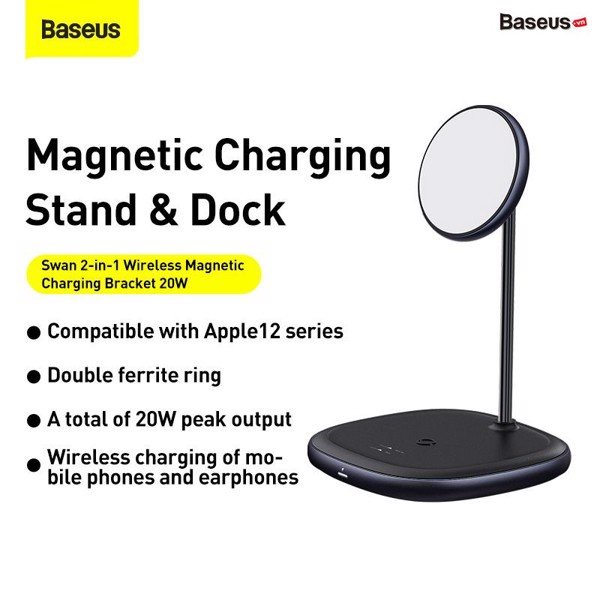 Đế sạc nhanh Baseus không dây 15W kiêm giá đỡ cho iPhone 12 Chính Hãng