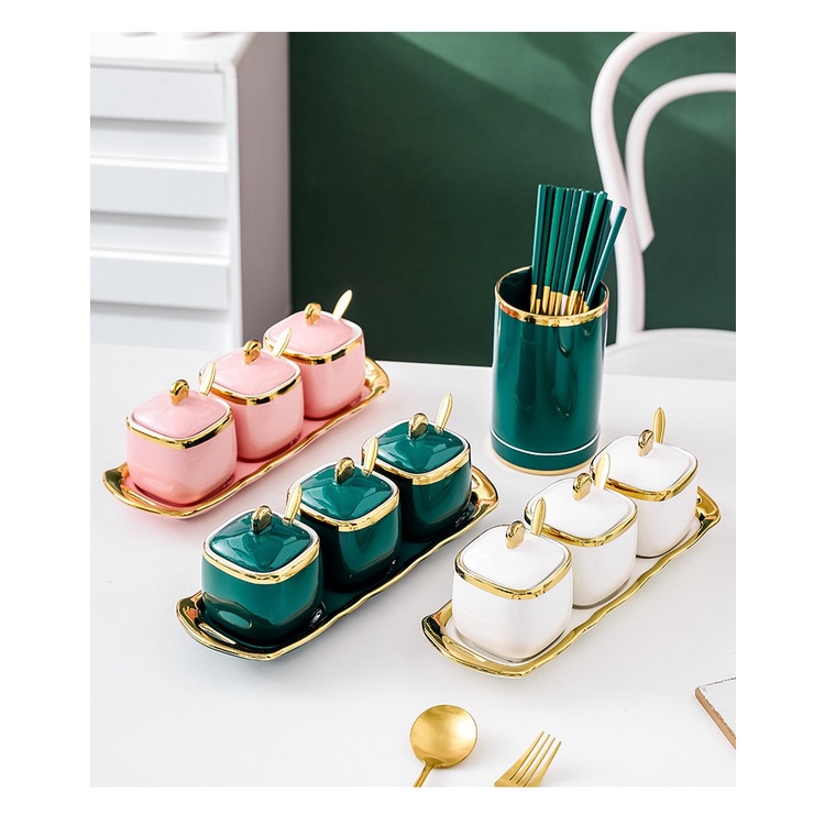 Bộ 3 hũ đựng gia vị bằng sứ viền vàng cao cấp kèm khay và muỗng phong cách Bắc Âu