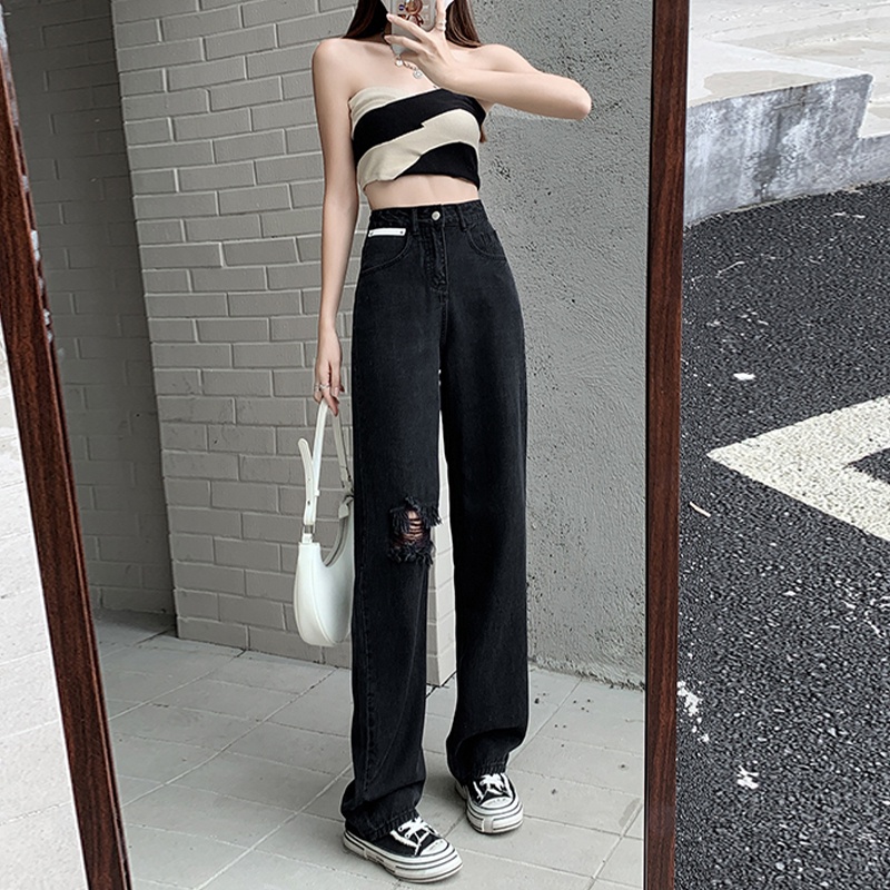 Quần Jeans Nữ Lưng Cao Ống Rộng Rách Gối Thời Trang