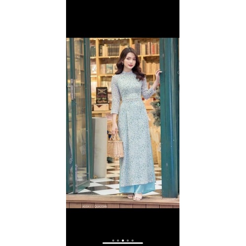 Áo dài hoa cúc nhí xanh 4 tà