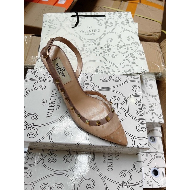 [fullbox bill túi giấy] giày nữ viền đinh vltn lưới chấm bi mũi nhọn cao gót 7 cm - giày sandal bít mũi màu kem