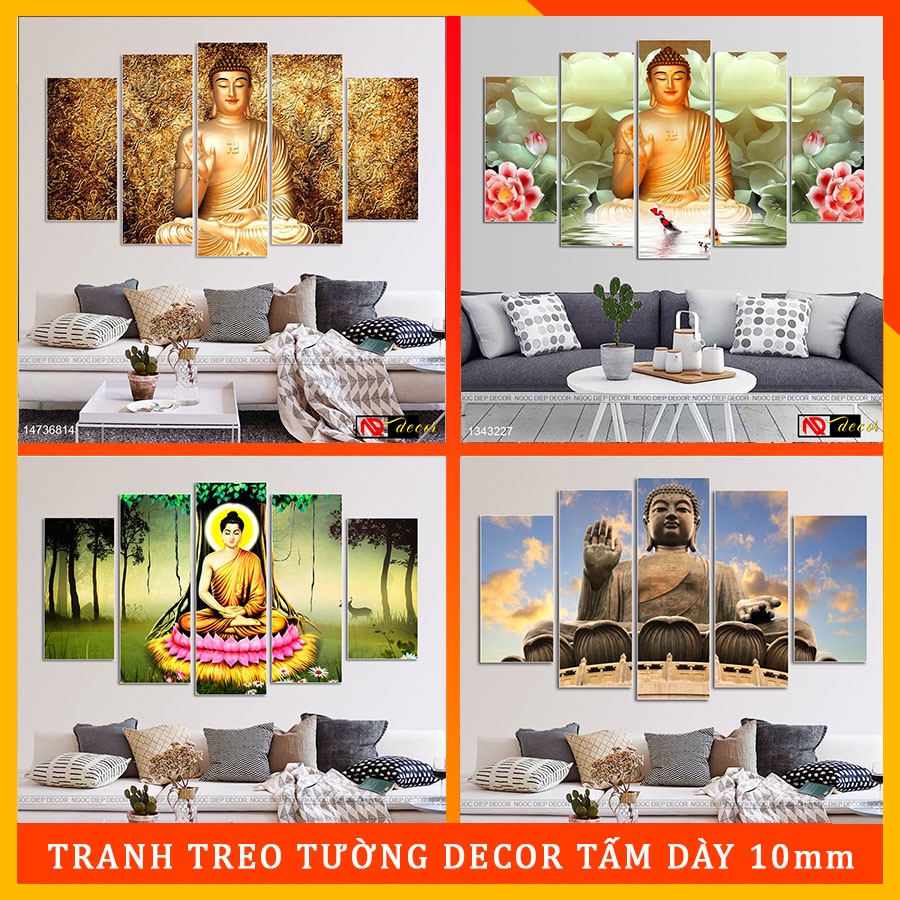 Bộ 5 tấm tranh dán tường Phật - Tranh decor chất liệu gỗ nhựa, kèm băng dính xốp