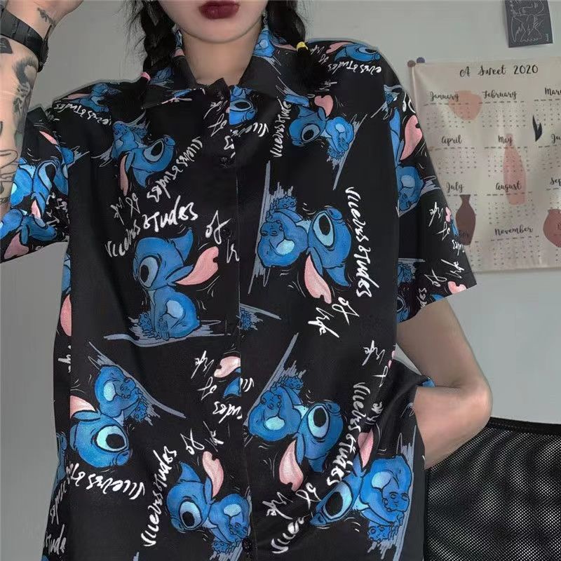 Áo Sơ Mi Tay Ngắn Dáng Rộng In Hoạt Hình Lilo &amp; Stitch Phối Nút Thời Trang Cho Nữ