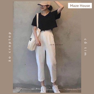 Áo croptop cổ tim 💖Freeship💖 Áo thun croptop siêu xinh form rộng cổ tim cá tính - Maze House