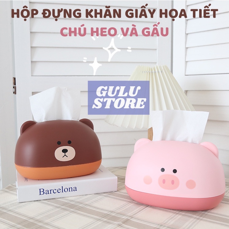 Hộp Đựng Khăn Giấy Để Bàn Họa Tiết Chú Heo Và Gấu