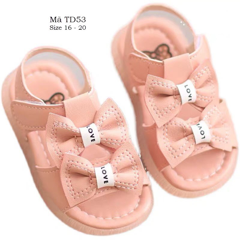 Dép tập đi sandal bé gái họa tiết nơ có quai dán trắng hồng dễ thương phù hợp cho trẻ em 6 tháng đến 1 tuổi TD53