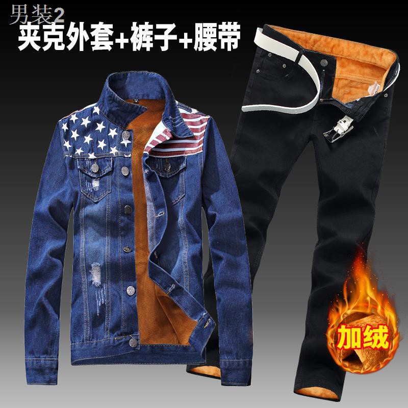 ✻✔Bộ đồ nam mùa thu và đông mới 2019 của áo khoác nhung lót quần dài denim