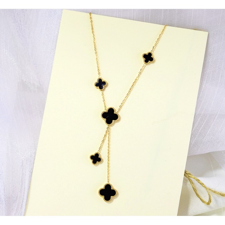 Dây chuyền nữ titan chuỗi hoa L V cách điệu thời trang 2 mặt đen, đỏ siêu đẹp, bền màu