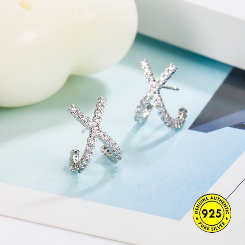 Bông Tai Mạ Bạc 925 Hình Chữ X Đính Đá Sang Trọng