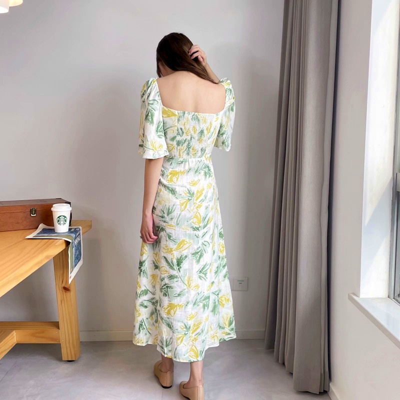 Đầm Zara hoa xanh vàng khoét eo sexy DH14KEG58N10