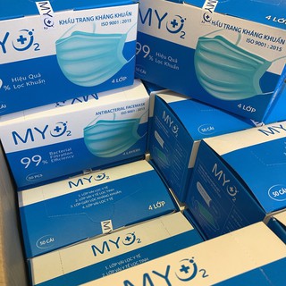 Khẩu Trang Y Tế 4 Lớp cao cấp MYO2 kháng khuẩn, chống bụi 50 cái/1 hộp (HÀNG CHÍNH HÃNG CÓ NIÊM PHONG)