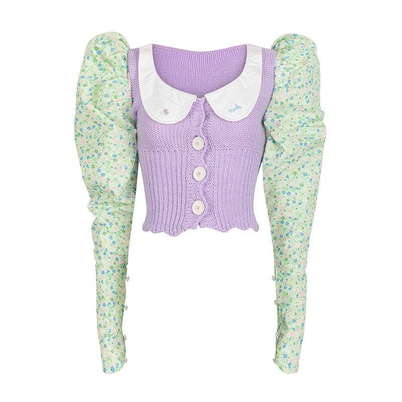 Áo Dệt Kim Tay Phồng Cổ Búp Bê In Hoa Màu Xanh Lá Phong Cách Mùa Xuân 2022 Thời Trang Mới