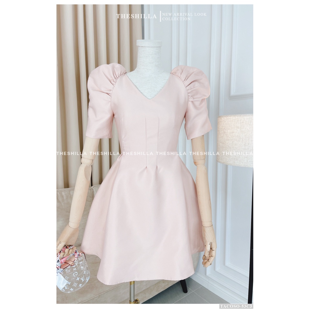 Váy thiết kế cao cấp màu hồng tay phồng cổ tim [ Có video + Ảnh thật ] The Shilla - Tacoso-53C3