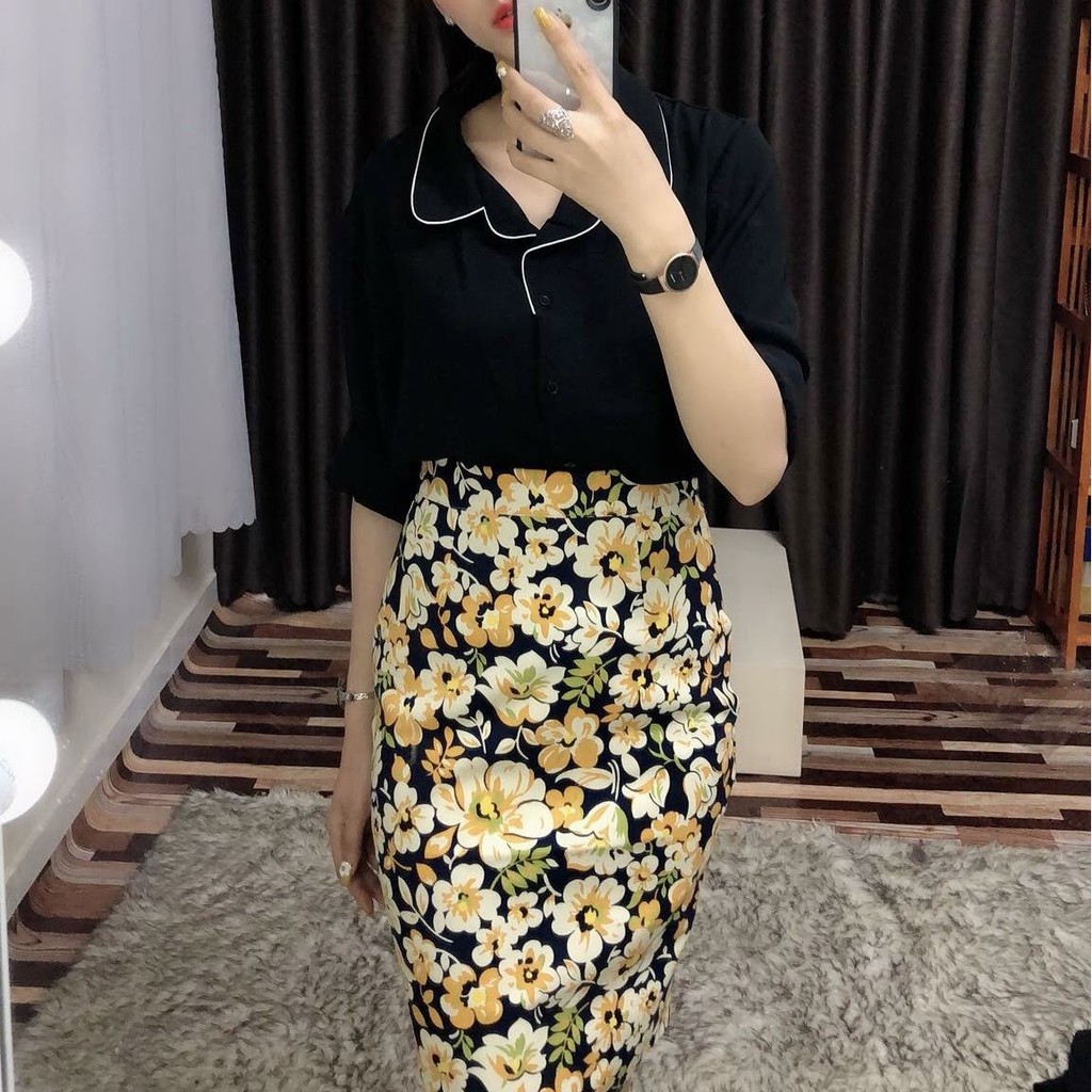 Chân váy hoa công sở chất kaki co dãn nhẹ màu vàng | BigBuy360 - bigbuy360.vn