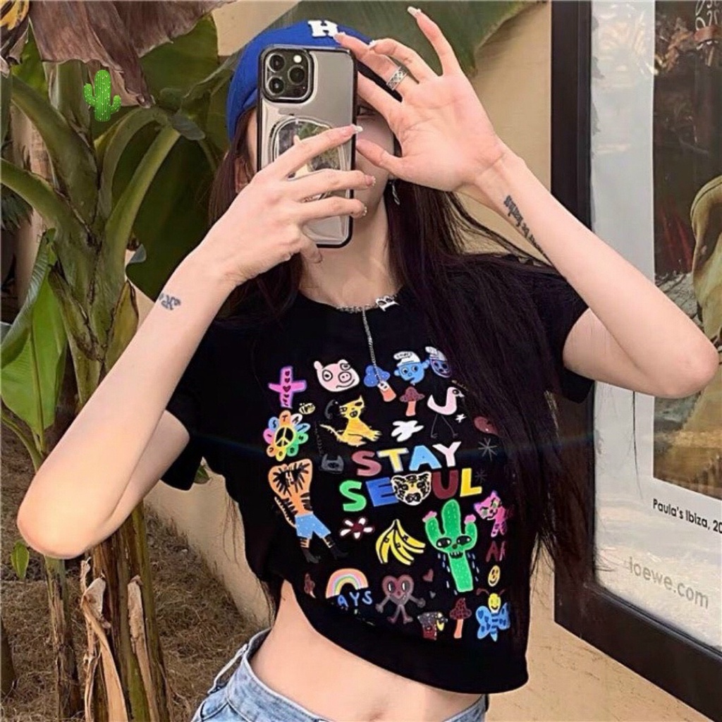 áo croptop tay ngắn thun coton in họa tiết hình xương rồng xinh p