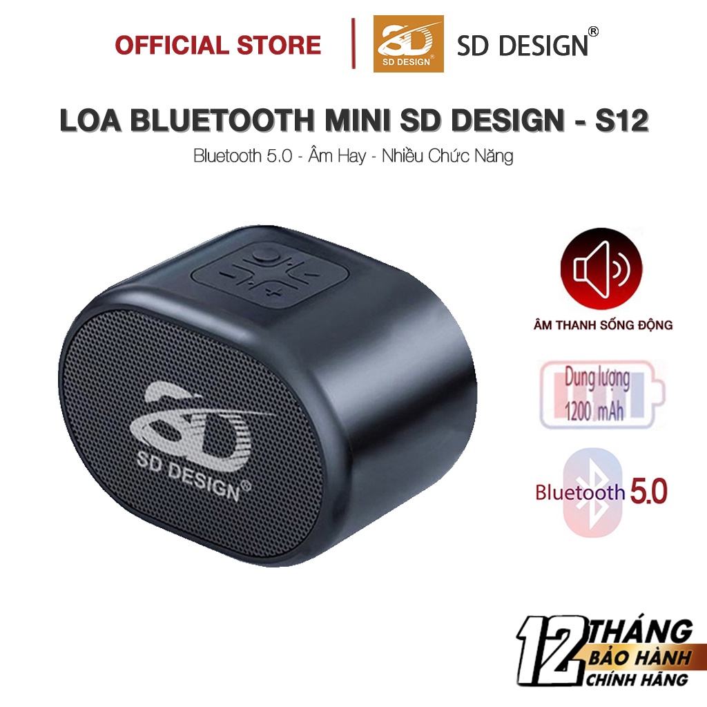 Loa Bluetooth Không Dây Mini 1200 mAh S12 Chính Hãng SD Design Nghe Nhạc Âm Thanh Chất Lượng Hỗ Trợ Cắm Thẻ Nhớ Và USB