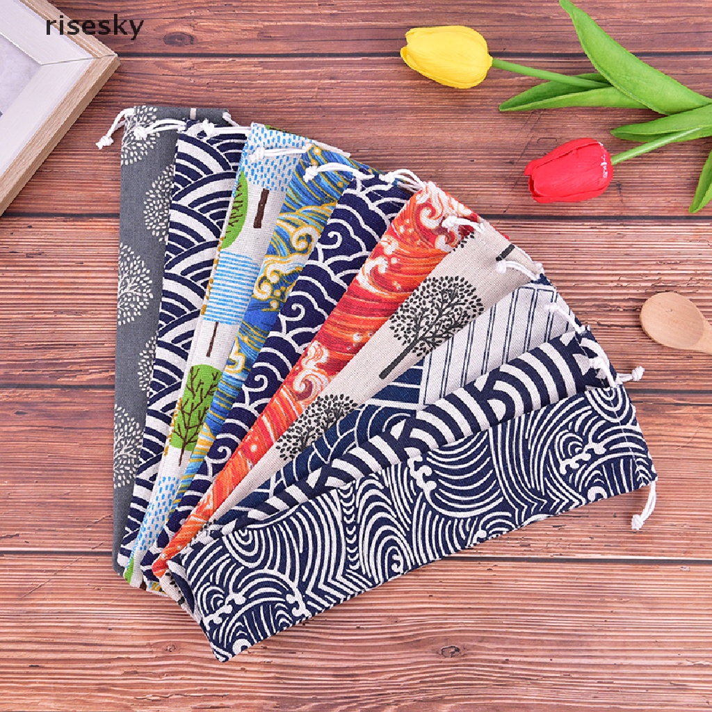 Túi Dây Rút Vải Lanh Cotton Đựng Muỗng Đũa Mang Đi Du Lịch Tiện Lợi ♨Trên đó