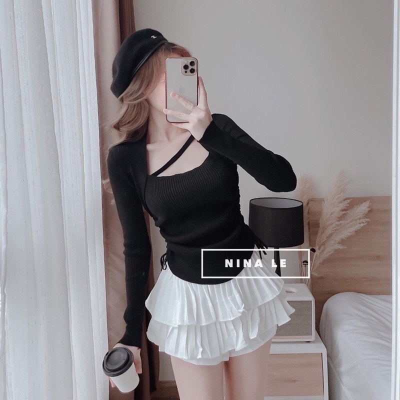Áo kiểu nữ chất thun gân kiểu rút dây 2 bên phối dây chéo cổ dễ thương cá tính. free size dưới 56kg