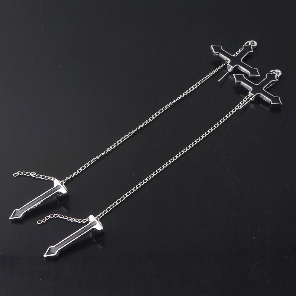 Đôi bông tai xỏ bằng hợp kim hình Thánh giá màu đen phối chuỗi xích dài làm quà tặng cho nam và nữ