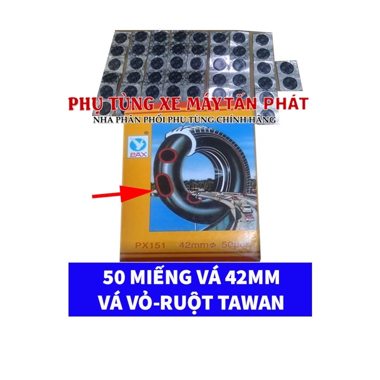 Hộp 50 miếng Tròn 42mm Chuyên Vá Vỏ - Ruột Xe Máy Ô tô Xe Hơi Lốp Không Ruột Chính Hãng Tawan - Đài Loan