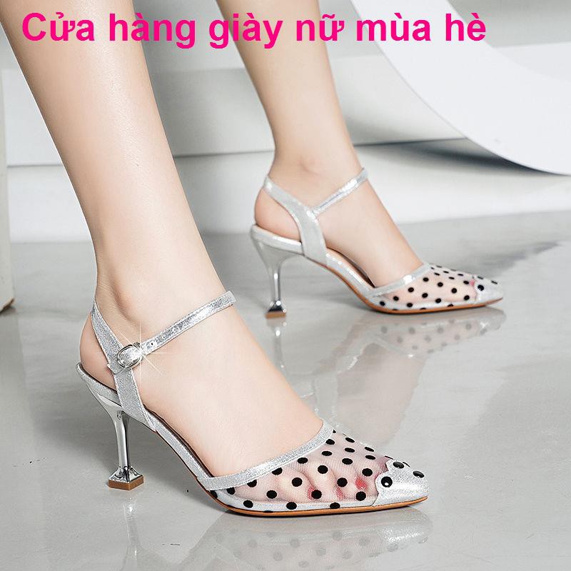 Hongqingao Baotou sandals nữ gót nhọn kiểu cổ tích mùa hè 2021 xu hướng giày da cao mũi trung mới