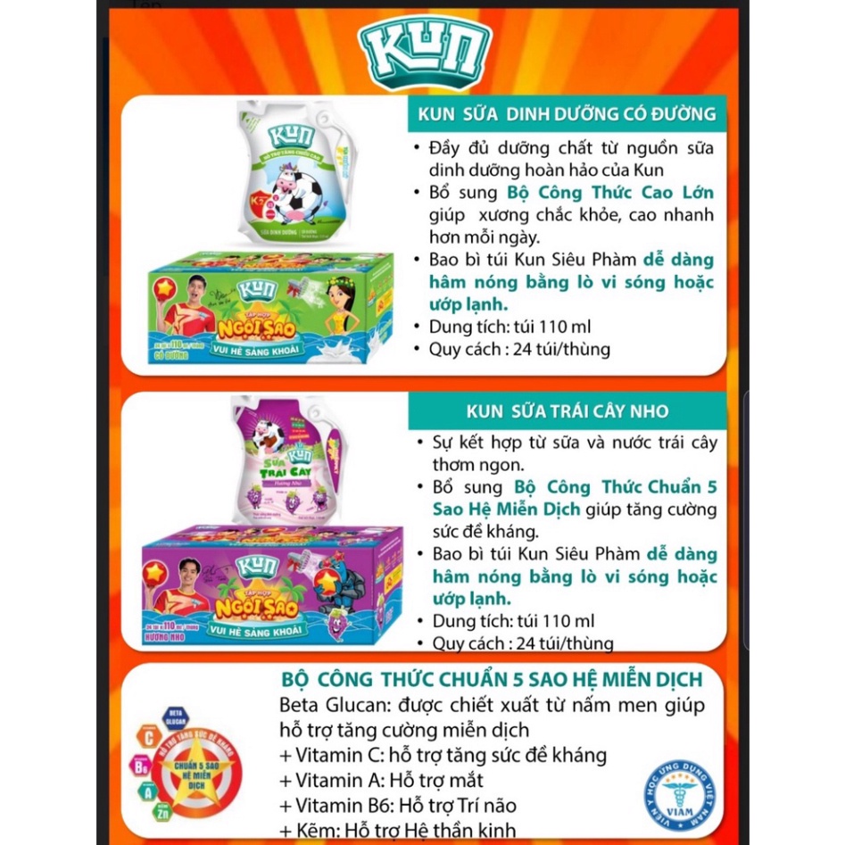 THÙNG 24 TÚI SỮA KUN 110ML HƯƠNG CAM/ DÂU/ SOCOLA/ NHO