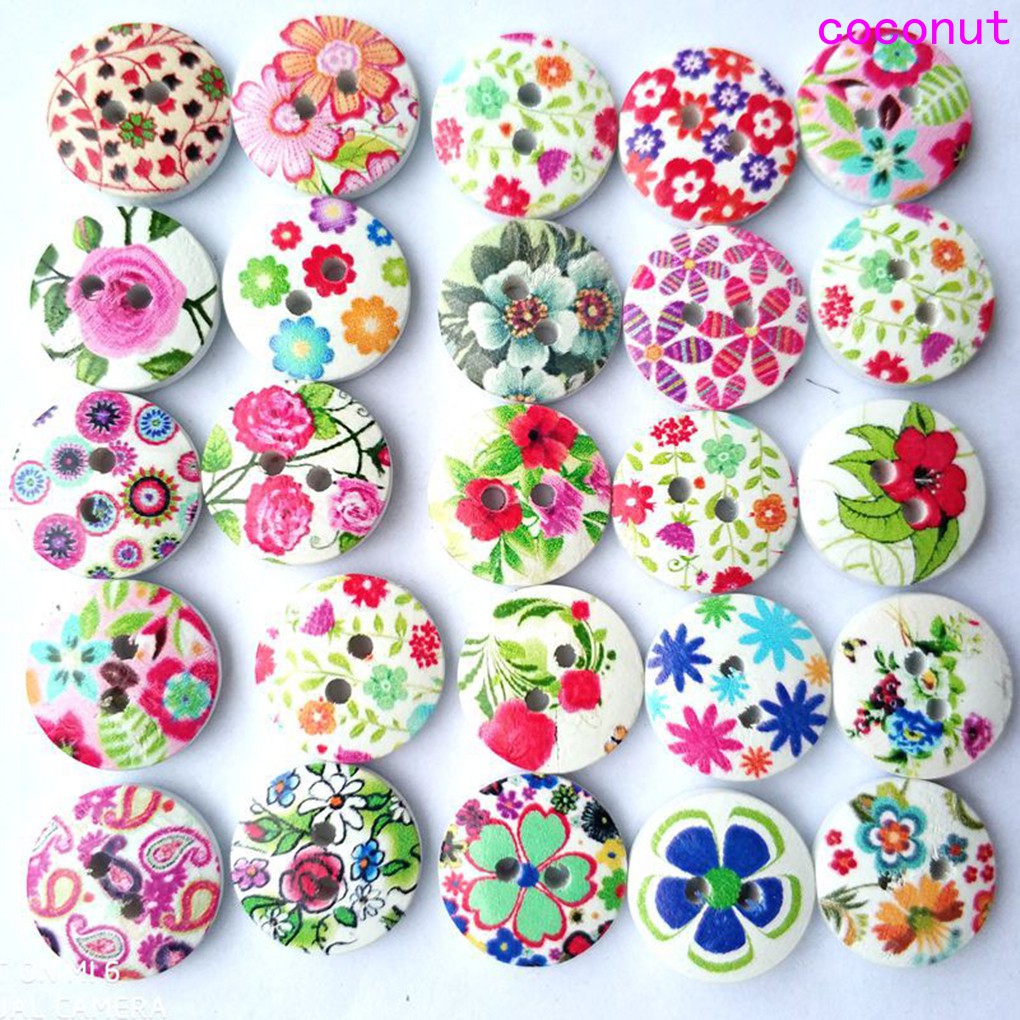 100 Khuy Gỗ Tròn 2 Lỗ In Hoa Nhiều Màu Sắc Phong Cách Retro