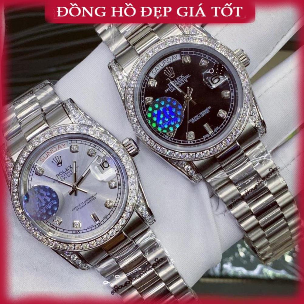 Đồng hồ Nam Ro-lex niềng đá máy nhật vỏ trắng trắng day date số đá 38mm dòng cơ Automatic WACH