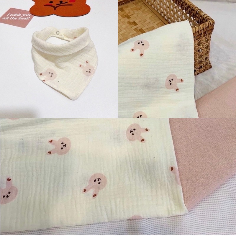 Yếm vải tam giác Muslin siêu mềm an toàn cho bé, yếm vải hoạ tiết gấu phong cách vintage Hàn Quốc