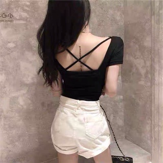 Áo kiểu thun croptop tay ngắn phối dây chéo basic