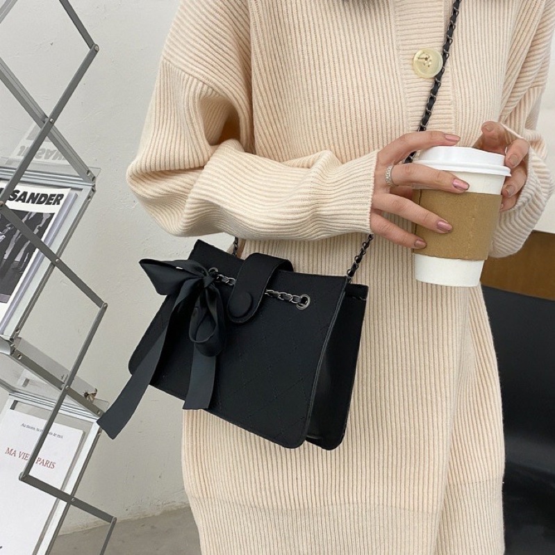 Túi Xách Nữ, Túi Công Sở Thắt Nơ Họa Tiết Ô Trám Sang Trọng, Dây Xích Phối Da Cao Cấp