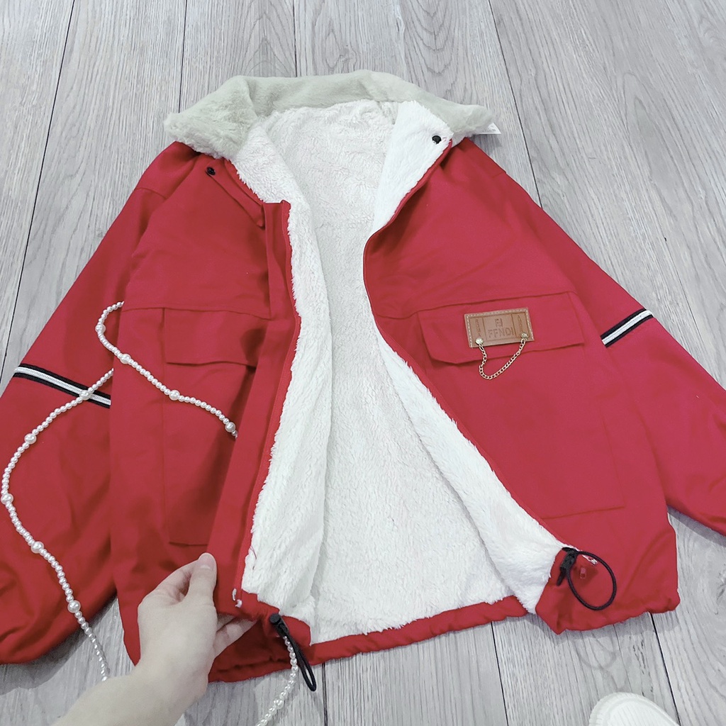 Áo Khoác Kaki Cổ Lông Đỏ Hàn Quốc Lót Lông  Dáng Rộng Khóa Kéo Siêu Xinh