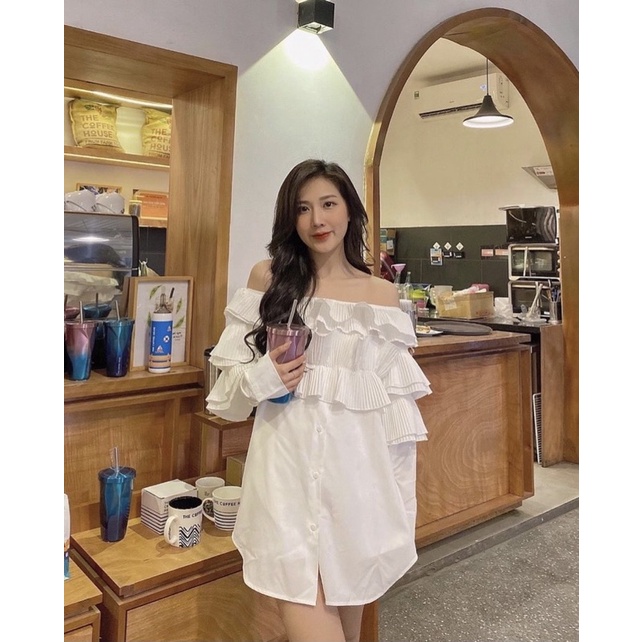 Sẵn về thêm màu đen Đầm sơ mi trắng trễ vai , bẹt vai bèo tầng dập ly M