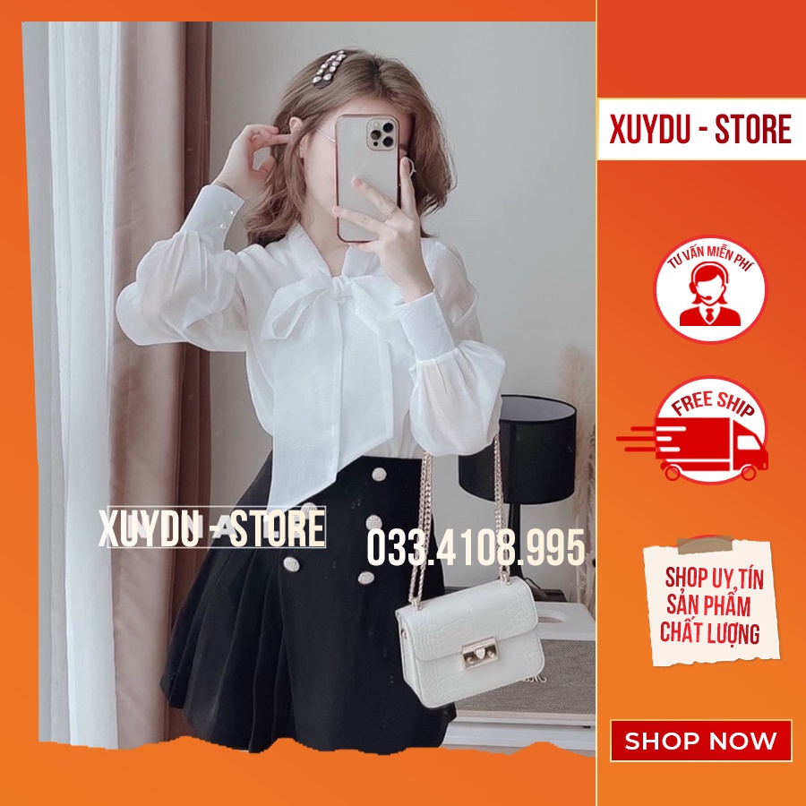 áo sơ mi kiểu tay phồng cổ nơ XUYDU..store mặc đi làm đi chơi chất liệu tơ ánh có lót bên trong mềm mịn