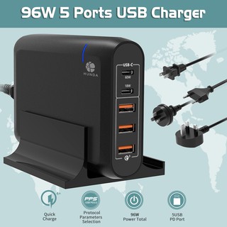 Bộ sạc để bàn USB Type C 5 cổng 96W cao cấp cho MacBook iPad iPhone Xiaomi HTC