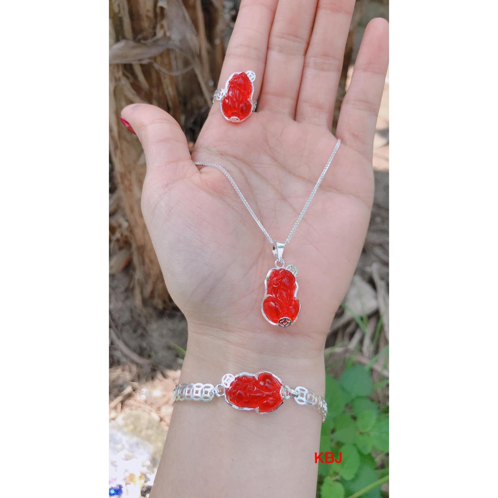 Bộ trang sức bạc thật mặt đá tỳ hưu phong thuỷ 3 món dây chuyền lắc tay nhẫn