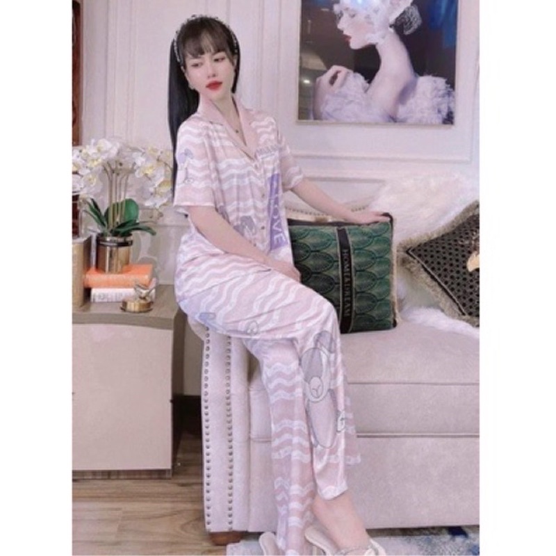 Bộ ngủ mặc nhà pijam lụa xước Quảng Châu cao cấp thỏ tay tím