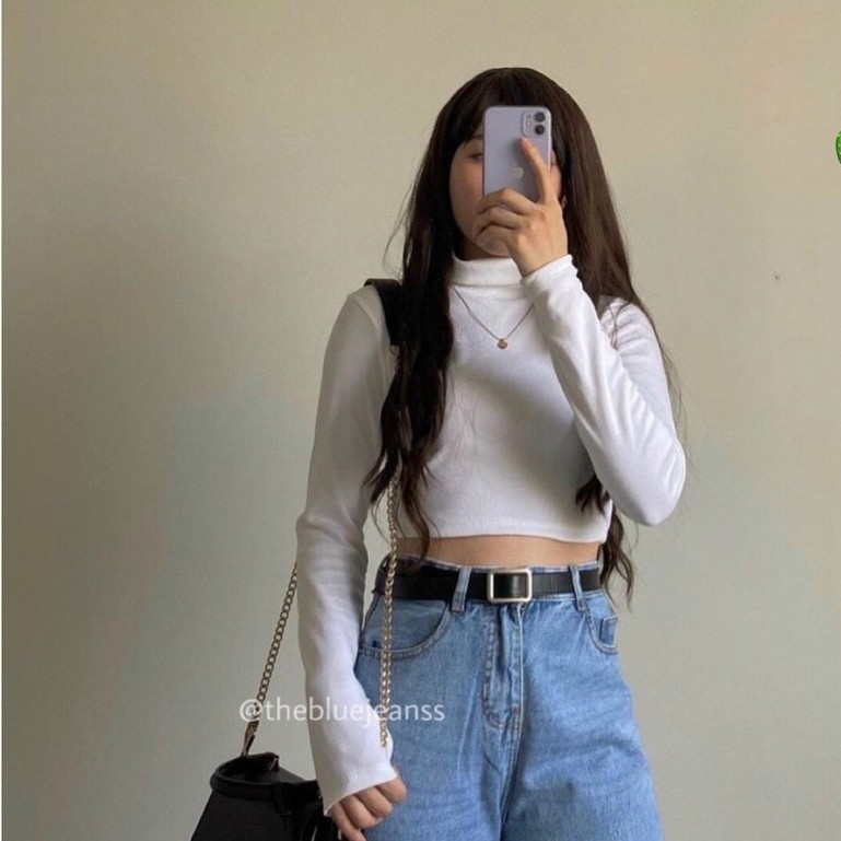 Áo Kiểu Nữ Croptop Body Tay Dài Cổ Lọ Trắng-Đen