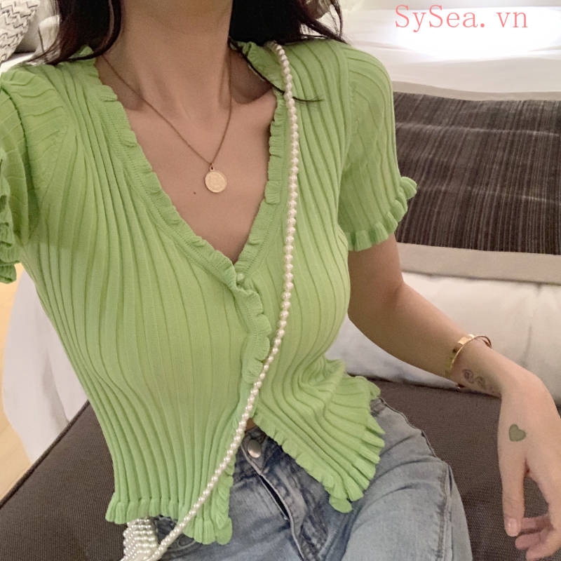 Áo croptop dệt kim ngắn tay thiết kế đơn giản thời trang | BigBuy360 - bigbuy360.vn